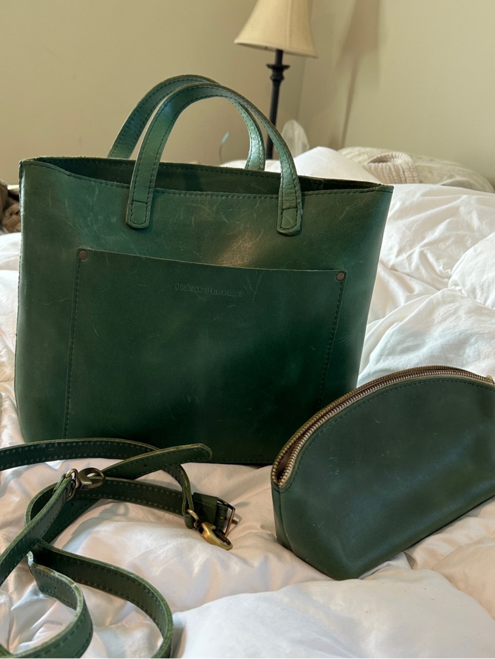 Portland Leather Goods Green Leather Tote with Removable Strap and Pouch